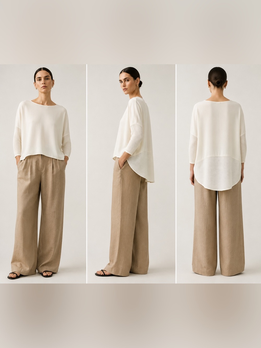 Uterqüe Ivory High Low Blouse M Viscose Front Textured 3/4 Sleeves Oversized